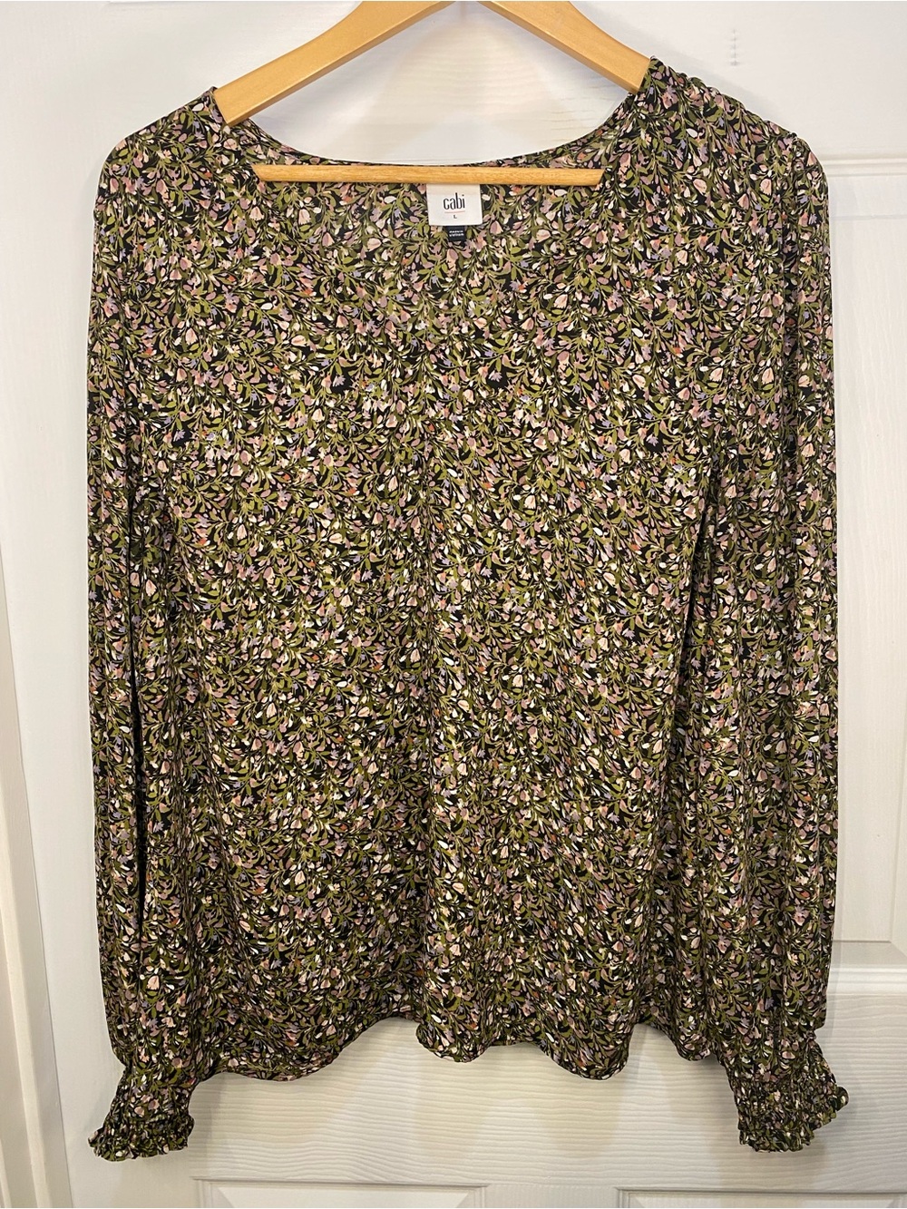 CAbi Olive Green Floral Long-Sleeve Blouse with Pink Accents